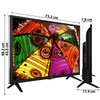 Telewizor JVC LT-32VH3100 32" LED z kolorowym wzorem na ekranie, z widocznymi wymiarami: 73,2 cm szerokości, 48,2 cm wysokości, 7,8 cm głębokości oraz 17,4 cm podstawy. Na obudowie znajdują się porty i przyciski, a logo JVC jest umieszczone na dolnej ramc