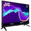 Telewizor JVC z ekranem 32 cale wyświetla kolorową grafikę z logo HDR10 i Dolby Audio. W lewym górnym rogu widoczne jest logo JVC.