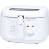 Biała frytownica z pokrętłem do regulacji temperatury, oznaczeniami temperatur od 150°C do 190°C oraz dwoma kontrolkami: czerwoną "POWER" i zieloną "HEATING". Widoczne jest logo "Clatronic" na obudowie.