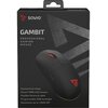 Czarne opakowanie z myszką do gier, na którym widnieje logo "SAVIO" oraz napis "GAMBIT PROFESSIONAL GAMING MOUSE". Na opakowaniu znajdują się informacje: "Symmetrical shape", "Pixart® PMW 3327 Sensor", "Flexible Paracord cable", "Programmable RGB backligh