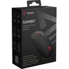 Opakowanie produktu "Mysz SAVIO Gambit" przedstawia szczegółowe informacje techniczne w kilku językach, w tym angielskim, polskim, greckim i węgierskim. Na opakowaniu widnieje logo "SAVIO" oraz opis funkcji myszy, takich jak przełączniki Huano 20M Blue Sh