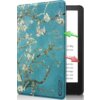 Etui na Kindle Paperwhite 5/Signature Edition TECH-PROTECT SmartCase Sakura przedstawia wzór gałęzi z białymi kwiatami na niebieskim tle. W dolnym rogu widoczne jest logo "TECH PROTECT".
