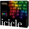 Czarny karton z kolorową grafiką przedstawiającą wiszące, wielokolorowe światełka LED oraz teksty: "twinkly GENERATION II", "190 MULTICOLOR", "APP CONTROLLED RGB LED", "icicle", "2.4-6-2.5 SCHEME".