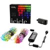 Na zdjęciu znajduje się opakowanie produktu z napisem "twinkly generation II 190 app controlled RGB LED icicle" oraz dwie zwinięte girlandy LED w różnych kolorach. Obok widoczny jest czarny zasilacz i kontroler z przyciskiem.