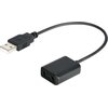 Czarny adapter audio z kablem, posiadający złącze USB-A oraz dwa gniazda jack 3.5 mm. Produkt jest oznaczony jako "SARAMONIC EA2L".