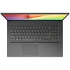 Na zdjęciu widoczny jest otwarty laptop z klawiaturą QWERTY, touchpadem i ekranem z kolorowym gradientem. Na obudowie znajduje się napis "ASUS VivoBook" oraz "Harman Kardon".