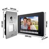Na zdjęciu widoczny jest zestaw wideodomofonowy z panelem zewnętrznym i monitorem, z wymiarami 220 mm x 120 mm x 45 mm dla panelu oraz 220 mm x 140 mm x 17,5 mm dla monitora. Na ekranie monitora wyświetlany jest obraz przedstawiający dwie osoby, a na pane