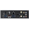 Czarny panel tylni płyty głównej z różnorodnymi portami, w tym USB, HDMI, Ethernet oraz złączami audio, z widocznym logo producenta i oznaczeniami takimi jak "BIOS", "TYPE C", "HDMI", "Wi-Fi 6E".