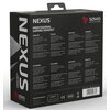 Czarne opakowanie słuchawek z napisem "NEXUS PROFESSIONAL GAMING HEADSET" oraz logo "SAVIO ENTER THE GAME" w prawym górnym rogu. Na opakowaniu znajdują się specyfikacje techniczne w kilku językach, w tym po polsku: "Typ słuchawek: Stereo, Rodzaj nausznika