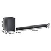 Na zdjęciu znajduje się czarny soundbar oraz bezprzewodowy subwoofer. Obok urządzeń widoczne są wymiary: subwoofer ma 293 mm wysokości, 230 mm szerokości i 200 mm głębokości, a soundbar ma 920 mm długości, 64 mm wysokości i 86 mm głębokości.