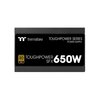 Czarny zasilacz z widocznym logo "thermaltake" oraz napisami "TOUGHPOWER SERIES POWER SUPPLY" i "TOUGHPOWER SFX 650W". Na etykiecie znajduje się również oznaczenie "80 PLUS GOLD".