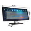 Monitor o zakrzywionym ekranie z wyświetlonym wykresem słupkowym i diagramami, z wymiarami 94,76 cm szerokości, 64,12 cm wysokości i 27,94 cm głębokości. Na obudowie widoczne jest logo "ThinkVision".
