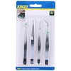 Opakowanie zawiera cztery metalowe pęsety o różnych kształtach, umieszczone na białym tle. Na górze opakowania widnieje logo "KINZO ACCESSORIES", a poniżej napis "High quality reliable tools" oraz oznaczenie "4x".