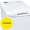 Biała pralka z widocznym panelem sterowania i pokrętłem, na którym znajdują się różne ustawienia. Na żółtym okręgu widnieje napis "7KG PRANIA".