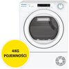 Biała suszarka z okrągłymi drzwiami i panelem sterowania z wyświetlaczem, na którym widnieje liczba "2:50". W żółtym okręgu znajduje się napis "4KG POJEMNOŚCI".