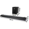 Na zdjęciu znajduje się soundbar i subwoofer marki AKAI. Soundbar ma wymiary 900 mm na 65 mm na 95 mm, a subwoofer 200 mm na 300 mm na 300 mm, oba urządzenia mają widoczne logo AKAI.