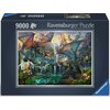 Pudełko puzzli Ravensburger zawiera ilustrację przedstawiającą fantastyczny krajobraz z latającymi smokami i wodospadami. Na opakowaniu widnieje napis "9000 Ravensburger Puzzle".