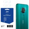 Opakowanie produktu z napisem "3mk Protection hybrid glass Lens Protection™" oraz ilustracją telefonu z trzema obiektywami. Obok znajduje się zielony telefon z okrągłym modułem aparatu, na którym umieszczono szkło ochronne.
