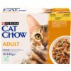 Opakowanie karmy dla kota marki Purina Cat Chow Adult z kurczakiem i cukinią, zawiera zdjęcie kota oraz miski z kawałkami karmy. Na opakowaniu widnieje tekst informujący o braku sztucznych aromatów, konserwantów i barwników, a także o naturalnych składnik