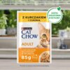 Opakowanie karmy dla kota z napisem "Z kurczakiem i cukinią" oraz "Purina Cat Chow Adult" na tle wnętrza domu. Na opakowaniu widnieje informacja "Z naturalnymi składnikami w galaretce, 85 g" oraz zielony znak "Saszetka zaprojektowana do recyklingu".
