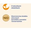 Na obrazie znajdują się dwa symbole z tekstem. Pierwszy symbol to pomarańczowe koło z białym liściem, obok którego widnieje napis "Z naturalnymi składnikami". Drugi symbol to brązowe koło z napisem "NO", obok którego znajduje się tekst "Stworzona bez doda