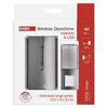 Opakowanie produktu zawiera tekst "EMOS Wireless Doorchime repeater & USB" oraz informacje o parametrach: 85 dB, zasięg 120 m, nieograniczony zasięg, 230 V AC/50 Hz. Na czerwonym tle widnieje napis "EMOS design" oraz pieczęć z napisem "Czech Chip Vyborny"
