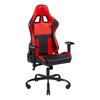 Czarno-czerwony fotel gamingowy z regulowanymi podłokietnikami i pięcioramienną podstawą na kółkach. Na zagłówku widoczne jest logo producenta oraz napis "DELTACO GAMING".