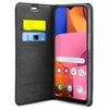Czarne etui typu portfel do telefonu, wykonane z gładkiego materiału, z widocznym przeszyciem wzdłuż krawędzi. W dolnym rogu znajduje się wytłoczony napis "SBS".