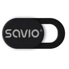 Czarna zaślepka kamery z widocznym logo "SAVIO" w kolorze szarym. Produkt ma owalny kształt z przesuwanym elementem.
