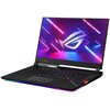 Laptop z otwartym ekranem wyświetlającym kolorową grafikę z logo ROG i tekstem "FOR THOSE WHO DARE". Klawiatura jest podświetlana, a na obudowie widoczne jest oznaczenie "ROG STRIX".