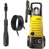 Żółta myjka ciśnieniowa z czarnymi elementami, obok której znajdują się czarna lanca i zwinięty wąż. Na myjce widoczne jest logo "KARCHER".