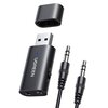 Na zdjęciu znajduje się adapter Bluetooth z napisem "UGREEN" oraz dwa kable z wtykami jack 3,5 mm. Adapter ma zatyczkę i widoczny jest port USB oraz przycisk z oznaczeniami "TX" i "RX".