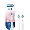 Opakowanie zawiera dwie białe końcówki do szczoteczki z niebieskimi i białymi włóknami, obok widoczny jest napis "Oral-B iO" oraz "SANFTE REINIGUNG". Na dole opakowania znajduje się informacja "x2 Nur kompatibel mit Oral-B iO" oraz "DESIGNED BY BRAUN".