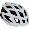 Biały kask rowerowy z licznymi otworami wentylacyjnymi i czarnymi elementami, z widocznym napisem "LIVALL" na boku. Kask posiada zintegrowaną lampkę oraz czerwone wnętrze.