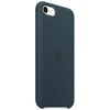 Etui silikonowe w kolorze ciemnoniebieskim, przeznaczone do modeli iPhone 7/8/SE 2020/SE 2022, z widocznym logo producenta w centralnej części. Aparat telefonu oraz lampa błyskowa są odsłonięte, a przyciski boczne są zintegrowane z etui.