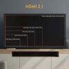 Na zdjęciu widoczny jest telewizor z wyświetlonymi różnymi rozdzielczościami i częstotliwościami odświeżania: 7680x4320p (8K) @60Hz (@120Hz DSC), 5120x2880p (5K) @60Hz (@120Hz DSC), 3840x2160p (4K) @144Hz, 2560x1440p (2K) @240Hz, 920x1080p (Full HD) @240Hz. Nad ekranem znajduje się napis "HDMI 2.1".