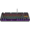 Na zdjęciu znajduje się klawiatura mechaniczna z podświetleniem RGB, z widocznymi klawiszami oznaczonymi literami, cyframi oraz funkcjami takimi jak "ESC", "BACKSPACE", "ENTER", "SHIFT", "CTRL", "ALT", "FN". Na klawiaturze widoczne jest logo "GXT Trust".