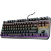 Na zdjęciu znajduje się klawiatura z podświetleniem RGB, z widocznymi klawiszami funkcyjnymi od F1 do F12 oraz klawiszami strzałek. Na obudowie klawiatury widnieje logo "GX Trust".