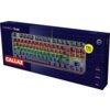 Pudełko z klawiaturą gamingową marki Trust, model GXT 834 Callaz TKL, z widocznym napisem "CALLAZ" oraz informacjami o funkcjach, takimi jak "TKL COMPACT DESIGN" i "MULTI COLOR". Klawiatura na opakowaniu jest podświetlona w różnych kolorach, a na pudełku 