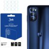 Opakowanie produktu "3mk Protection" z napisem "hybrid glass Lens Protection™" oraz grafiką przedstawiającą ochronę na obiektyw telefonu. Obok znajduje się telefon z trzema obiektywami, a nad opakowaniem widoczne są małe, okrągłe elementy ochronne.