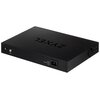 Czarny switch sieciowy z widocznym logo "ZYXEL" na górnej powierzchni, posiadający port zasilania z oznaczeniem "AC INPUT 100-240VAC 50/60Hz 2A MAX" oraz ikony kłódki i uziemienia na obudowie. Produkt ma prostokątny kształt i metaliczną obudowę.