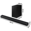 Na zdjęciu znajduje się czarny soundbar oraz subwoofer. Obok urządzeń widoczne są wymiary: soundbar ma 860 mm długości, 59 mm wysokości i 75 mm głębokości, a subwoofer ma 184 mm szerokości, 346 mm wysokości i 295 mm głębokości.