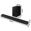 Na zdjęciu znajduje się czarny soundbar oraz subwoofer. Obok produktów widoczne są wymiary: soundbar ma 1030 mm długości, 59,5 mm wysokości i 105 mm głębokości, a subwoofer ma 184 mm szerokości, 346 mm wysokości i 295 mm głębokości.