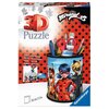 Opakowanie przedstawia produkt "Puzzle 3D RAVENSBURGER Miraculous Przybornik 11278 (54 elementy)" z grafiką postaci z bajki. Na opakowaniu widnieje napis "3D Puzzle" oraz informacje o stabilności bez użycia kleju w kilku językach, a także logo "Ravensburg