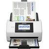 Skaner EPSON WorkForce DS-790WN Wi-Fi z wyświetlaczem pokazującym ikony opcji skanowania, z dokumentem w podajniku o tytule "SOLUTIONS". Na wyświetlaczu widoczne są opcje: Computer, Print Folder, Email, Cloud.