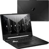 Na zdjęciu widoczny jest laptop z otwartym ekranem, na którym wyświetlany jest napis "TUF GAMING", oraz zamknięta pokrywa z logo w kształcie litery "TUF". Klawiatura laptopa ma podświetlane klawisze, a obudowa jest w ciemnym kolorze.