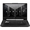Czarny laptop z otwartym ekranem, na którym widoczny jest napis "TUF GAMING" na tle przypominającym teksturę kamienia. Na dolnej ramce ekranu znajduje się logo "ASUS".