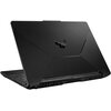 Czarny laptop z widocznym logo w kształcie geometrycznym na pokrywie, posiada teksturowaną powierzchnię i wyraźne linie konstrukcyjne. Klawiatura jest częściowo widoczna, a obudowa ma nowoczesny, kanciasty design.