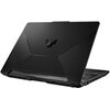 Czarny laptop z widocznym logo TUF na pokrywie, posiada teksturowaną powierzchnię i liczne porty po jednej stronie. Laptop jest częściowo otwarty, ukazując klawiaturę i system wentylacji z tyłu.