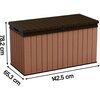 Brązowa skrzynia ogrodowa z pionowymi panelami i ciemniejszą pokrywą. Na zdjęciu widoczne są wymiary: 78,2 cm wysokości, 65,3 cm głębokości i 142,5 cm szerokości.